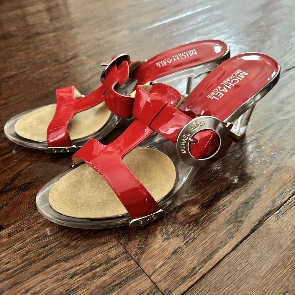 Michael Kors Women’s 8M Red Patent Leather Buckle Clear Mid Heel Slide Sandals